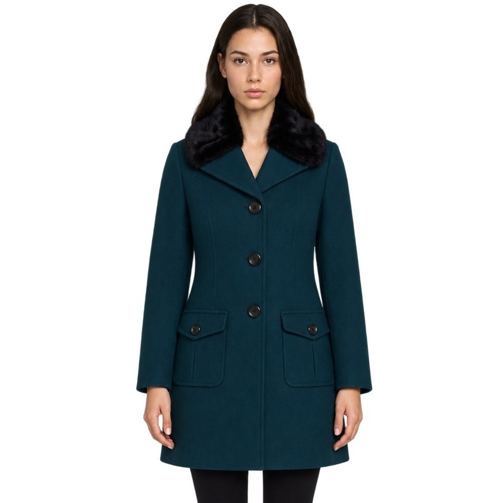 Talbots Pea Coat Women's Size 6 Teal Green Wool Blend Faux Fur Collar Vintage